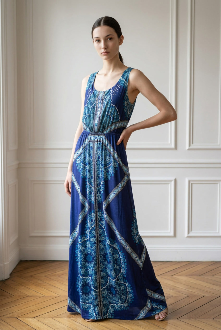 Style & Co Blue Geometric Floral Print Sleeveless Blouson Maxi Dress XL
